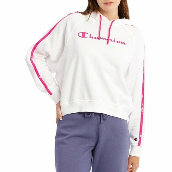 CHAMPION White Pink Stripe Tape Winter Cropped Hoodie Sweater Jumper - Picture 3 of 10